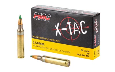 PMC X-TAC 5.56 NATO 62 grain green tip LAP ammunition, military-style penetrator rounds, packaged in 20-round box and bulk 1000-round case.
