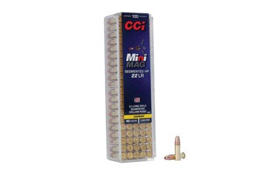 CCI Mini Mag .22 LR 40 grain small game hollow point rimfire ammunition, high velocity 1235 fps, packaged in 100-round plastic container.
