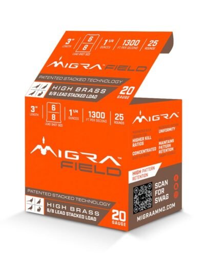 Migra Ultimate Field Hi-Brass Lead Stacked Shotshells 20ga 3" 1-3/8oz 1300 fps #6 & 8 Shot 25/ct