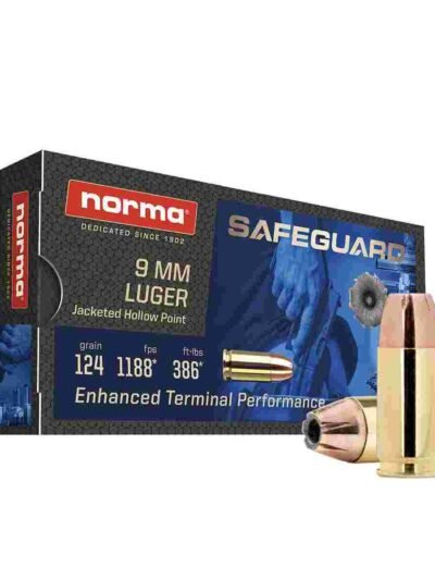 Norma Safeguard Handgun Ammunition 9mm Luger 124gr JHP 1188 fps 50/ct