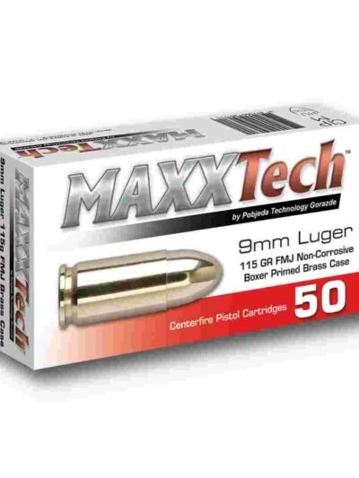 Maxxtech Brass Casefire Handgun Ammunition 9mm Luger 115 gr FMJ 50/ct