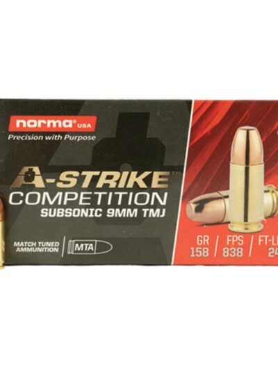 Norma A-Strike Subsonic Ammunition 9mm Luger 158gr TMJ 838 fps 50/ct